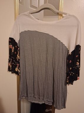 Women's Black & White Striped Pullover Top with Floral Sleeves